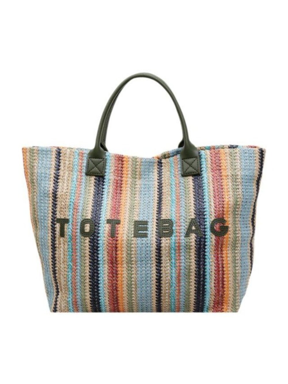Striped Woven Tote Bag With Green Handles & Bold Lettering Multicolor Design